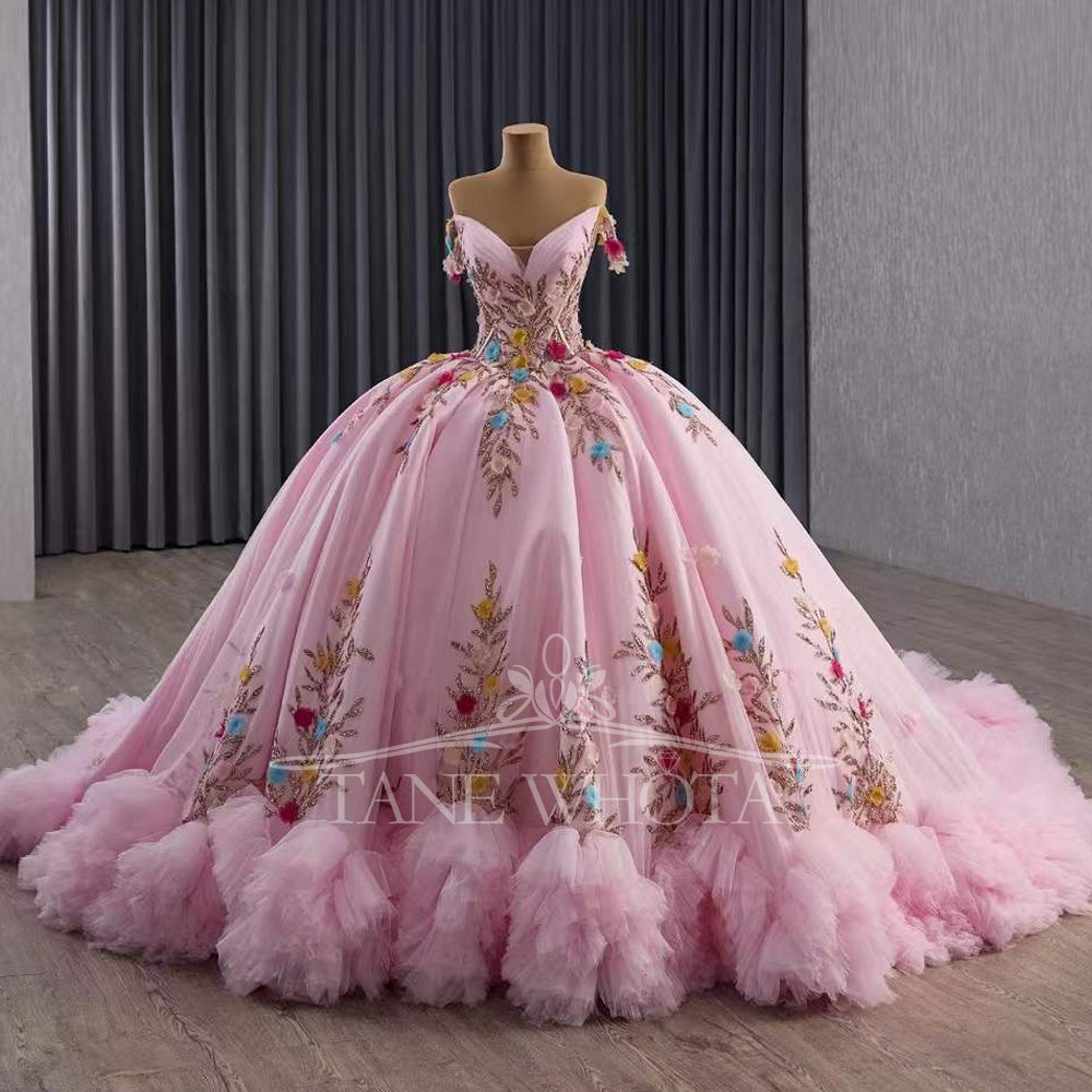 TW570 Girls Pink Quinceanera Dress Sweetheart Off-Shoulder Lace-Up Back Appliques Sequined Abito Quinceanera Princess Customizable