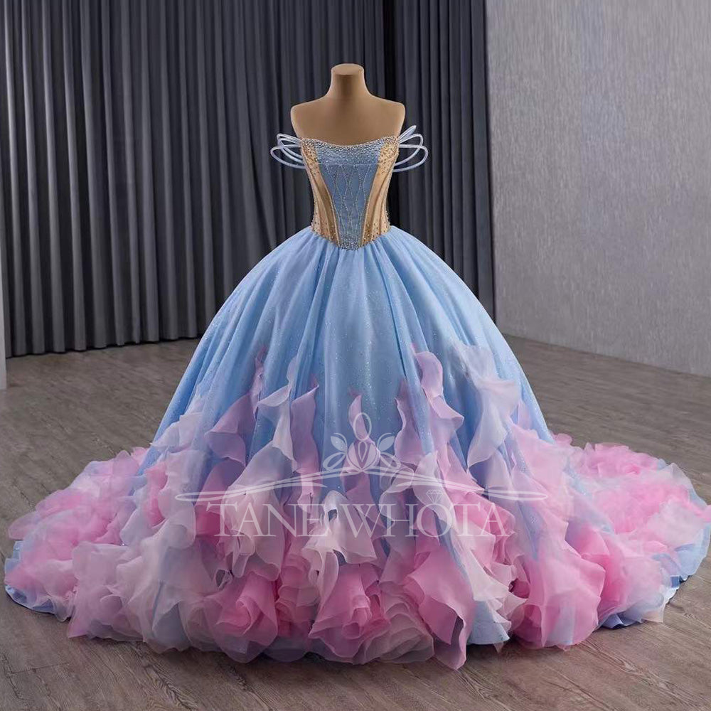 TW563 Blue Strapless Quinceanera Dress With Lace-Up Back Beading Sequined Crystal Ruffles For 15th Birthday Dresses