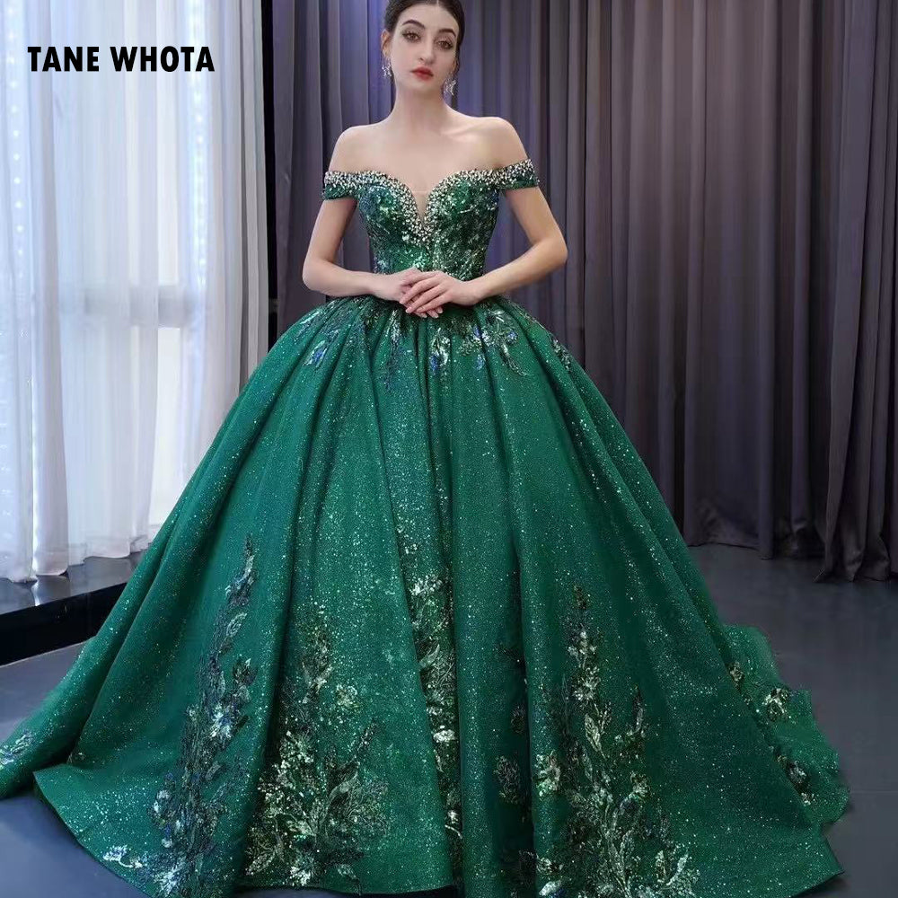 TW287 Vestidos Quinceañera Sweetheart Off Shoulder Lace Up Back Ball Gown Beading Crystal Sequined Customized Green Long Dress