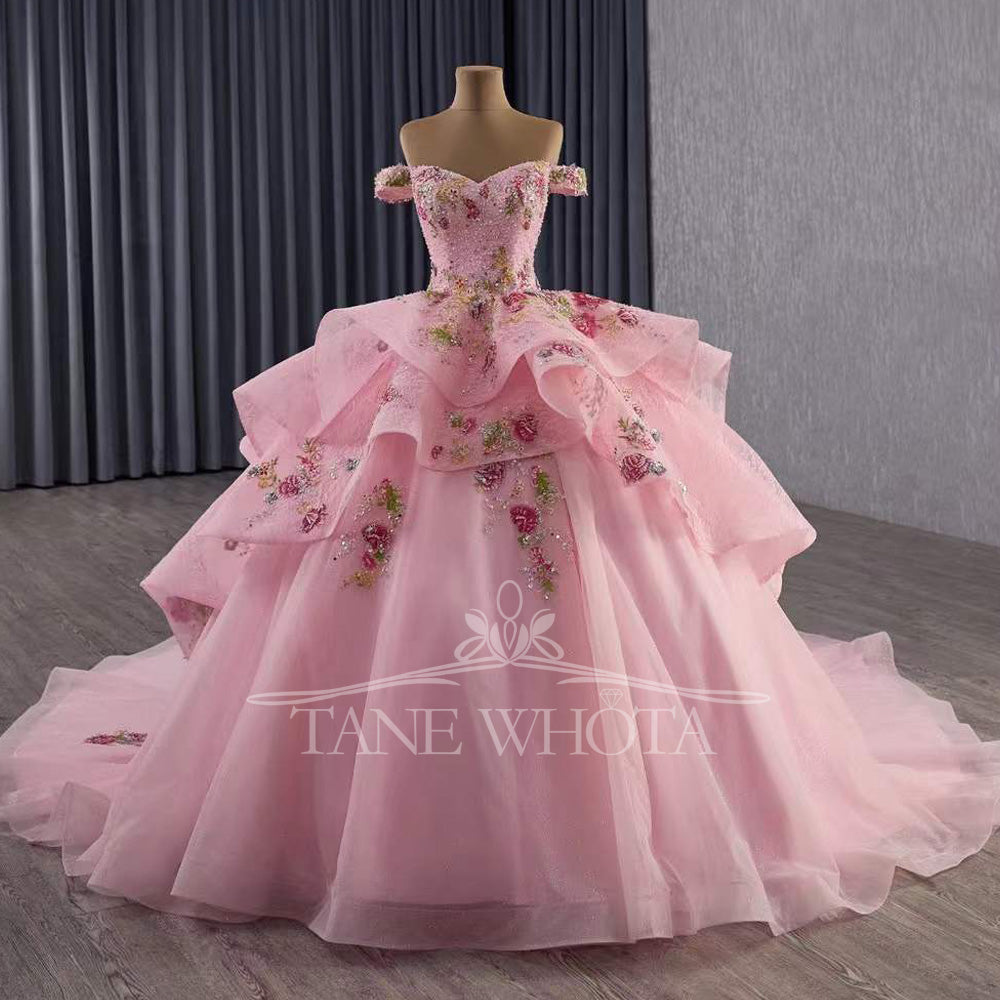 TW515 15 Quinceanera Pink Evening Gown Sweetheart Off-Shoulder Lace-Up Back Beading Sequined Embroidery Customizable Princess Dress