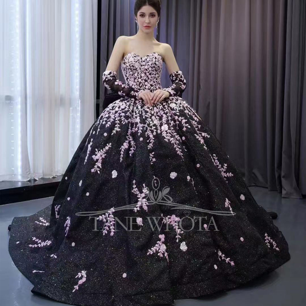 TW349 Vestidos Para Quinceañera Sweetheart Lace Up Back Beading Embroidery Bow Customized Black Luxury Long Dress