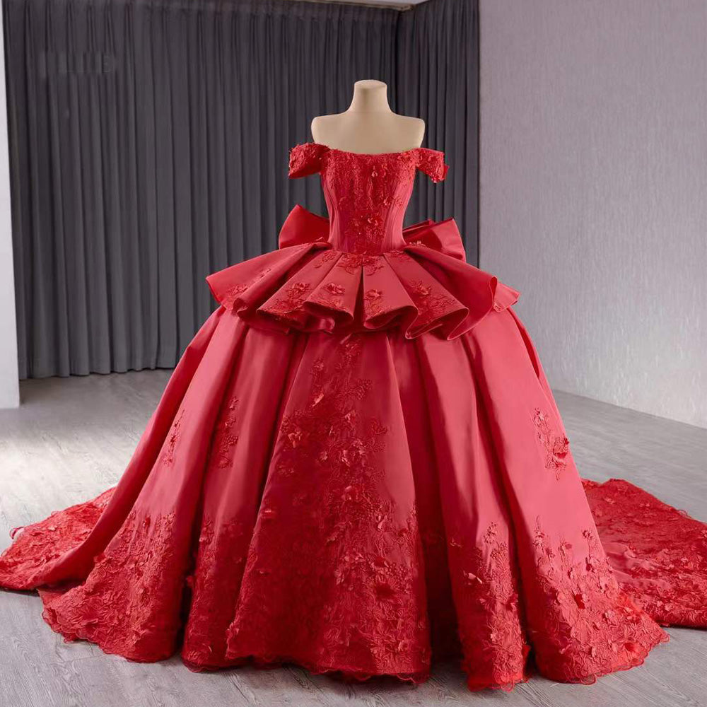 TW191 Vestidos Para Quinceañeras Luxury Off Shoulder Strapless Lace Up Back Red Flower Bow Long Dress For Special Occasions