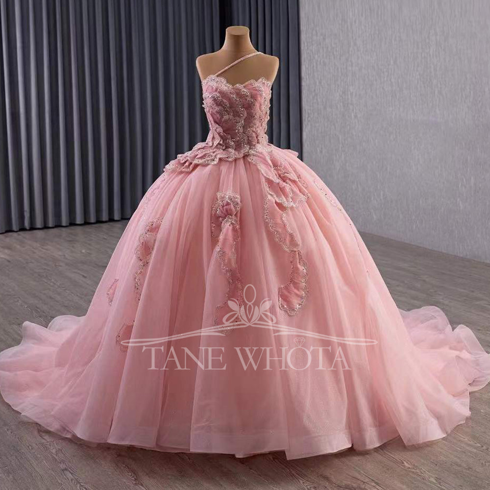 TW572 Vestidis Customizable Pink Prom Dress Quinceañera One-Shoulder Lace-Up Back Sequined Tiered Design For Women