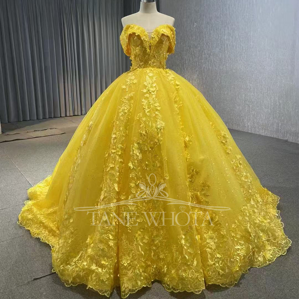 TW288 Vestido De Quinceañera 2025 Off Shoulder Sweetheart Lace Up Back Crystal Appliques Sequined Customized Yellow Long Dress