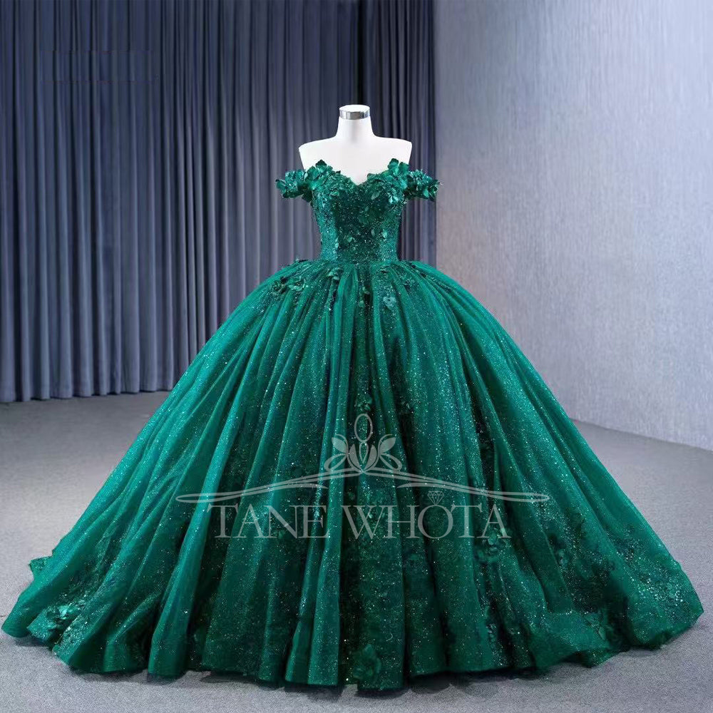TW306 Vestidos 15 Años Ball Gown Sweetheart Off Shoulder Lace Up Back Beading Sequined Appliques Customized Green Long Dress
