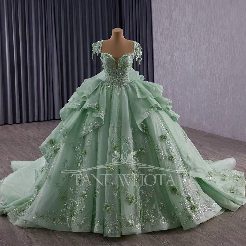 TW370 Quinceanera Dress Sweetheart Cap Sleeve Lace Up Back Appliques Sequined Embroidery Long Green Princess Quinceanera Dress