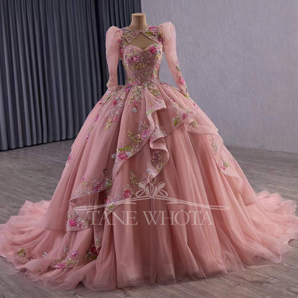 TW527 Pink Quinceañera Evening Gown With Lace-Up Back Detachable Jacket Sequined Embroidery Appliques Customizable Vestido