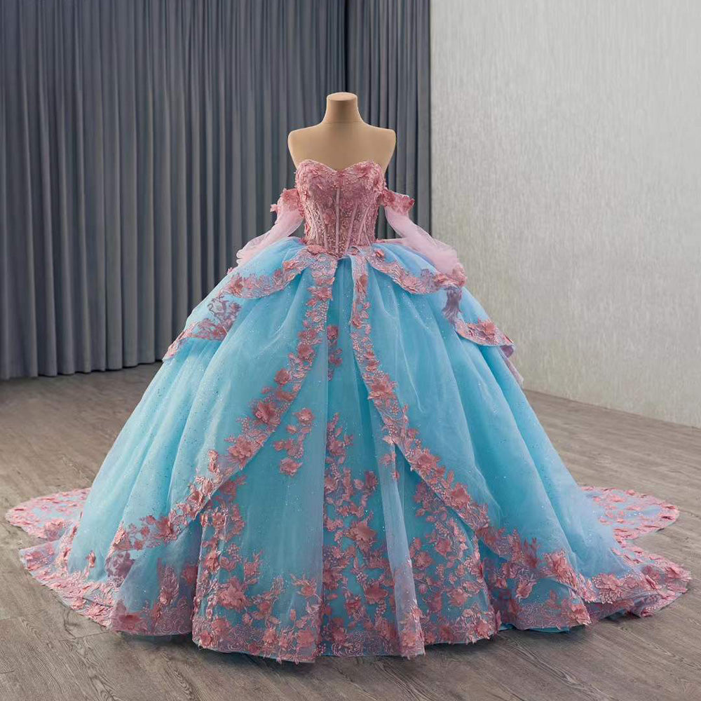 TW097 Vestidos De 15 Años Luxury 2025 Sweetheart Bow Appliques Lace Up Back Blue Pink Long Evening Prom Dress With Detachable Sleeves