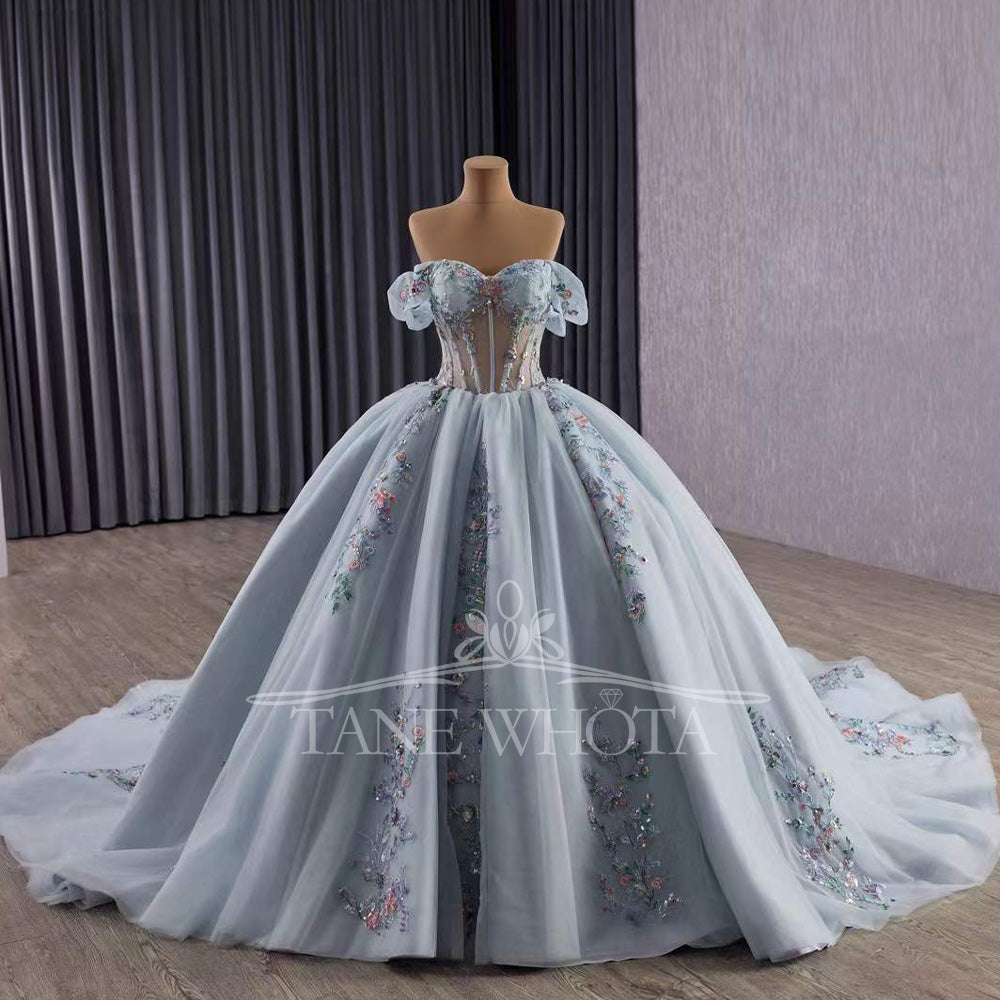 TW328 Abiti Quinceanera Sweetheart Off Shoulder Lace Up Back Appliques Sequined Embroidery Long Silver Grey Princess Quinceanera Dress