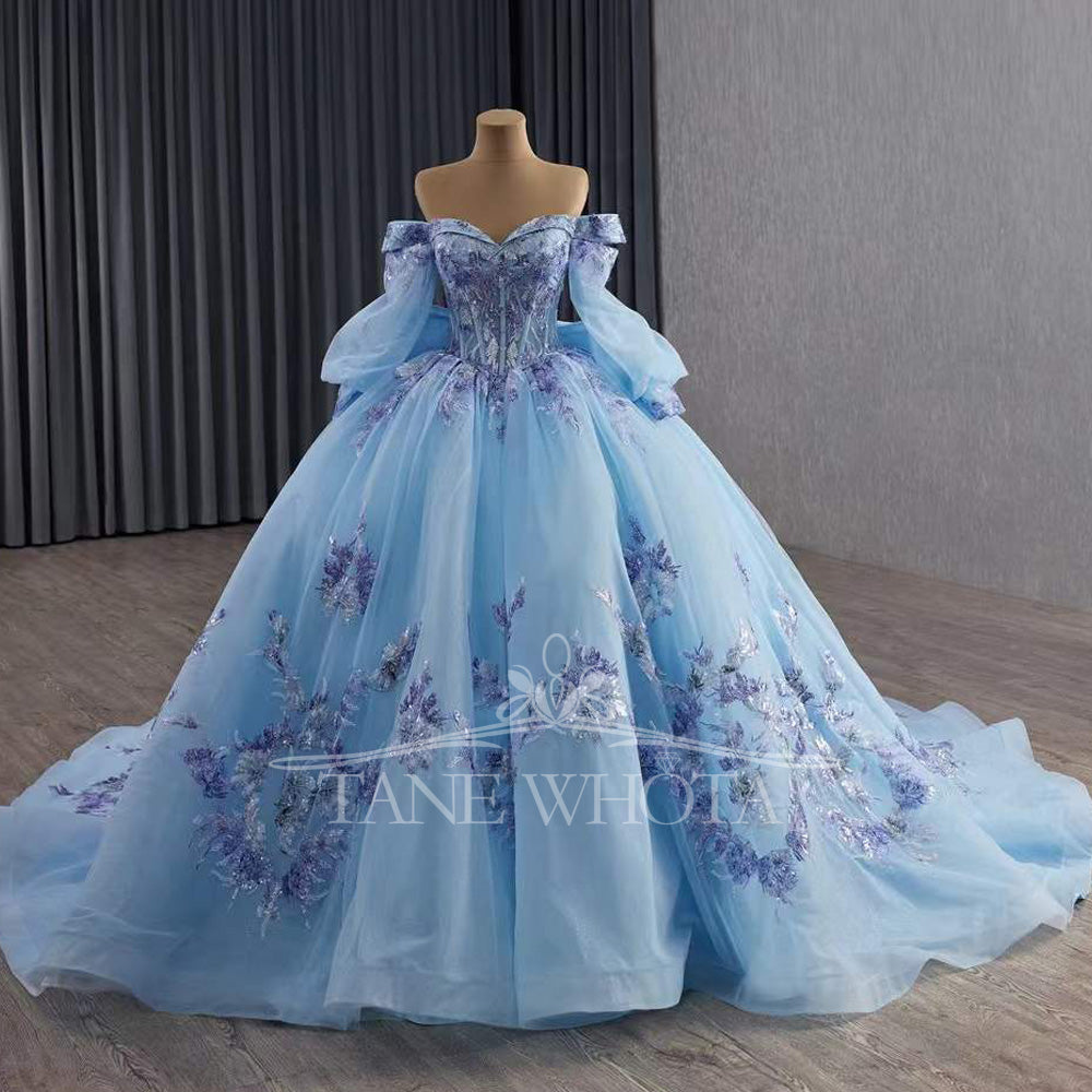 TW555 Sweetheart Detachable Sleeve Lace-Up Back Sequined Embroidery Bow Customizable Blue Princess Dress For 15th Birthday