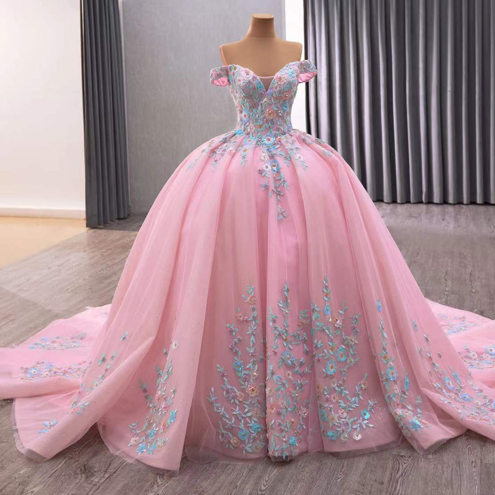 TW116 Vestido Quinceañeras Luxury Off Shoulder Sweetheart Appliques Lace Up Back Pink Long Dress For Special Occasions