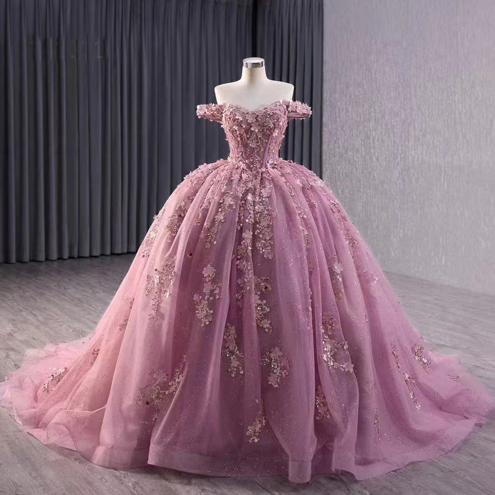 TW126 Vestidos De 15 Off Shoulder Sweetheart Appliques Sequined Lace Up Back Pink Luxury Long Dress For Special Occasions