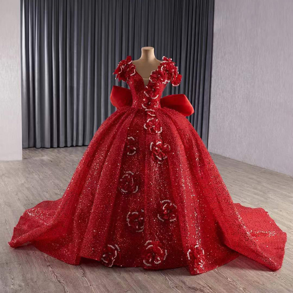 TW181 Vestidos De 15 Quinceañera 2025 Flower Lace Up Back Sequins Beading Red Bow Long Dress For Special Occasions