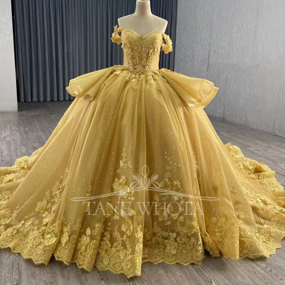 TW445 Gold Quinceanera Ball Gown Dress Sweetheart Off-Shoulder Lace-Up Back Embroidered Beaded Sequined Appliques for Girls