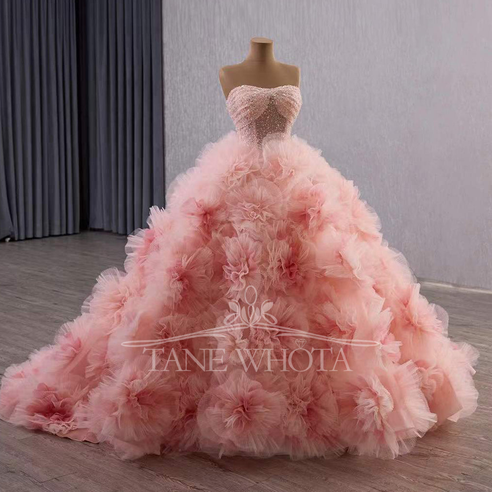 TW568 Customizable Strapless Pink Quinceañeras Prom Gown Lace-Up Back Sequined 3D Flower Crystal Vestidos De 15