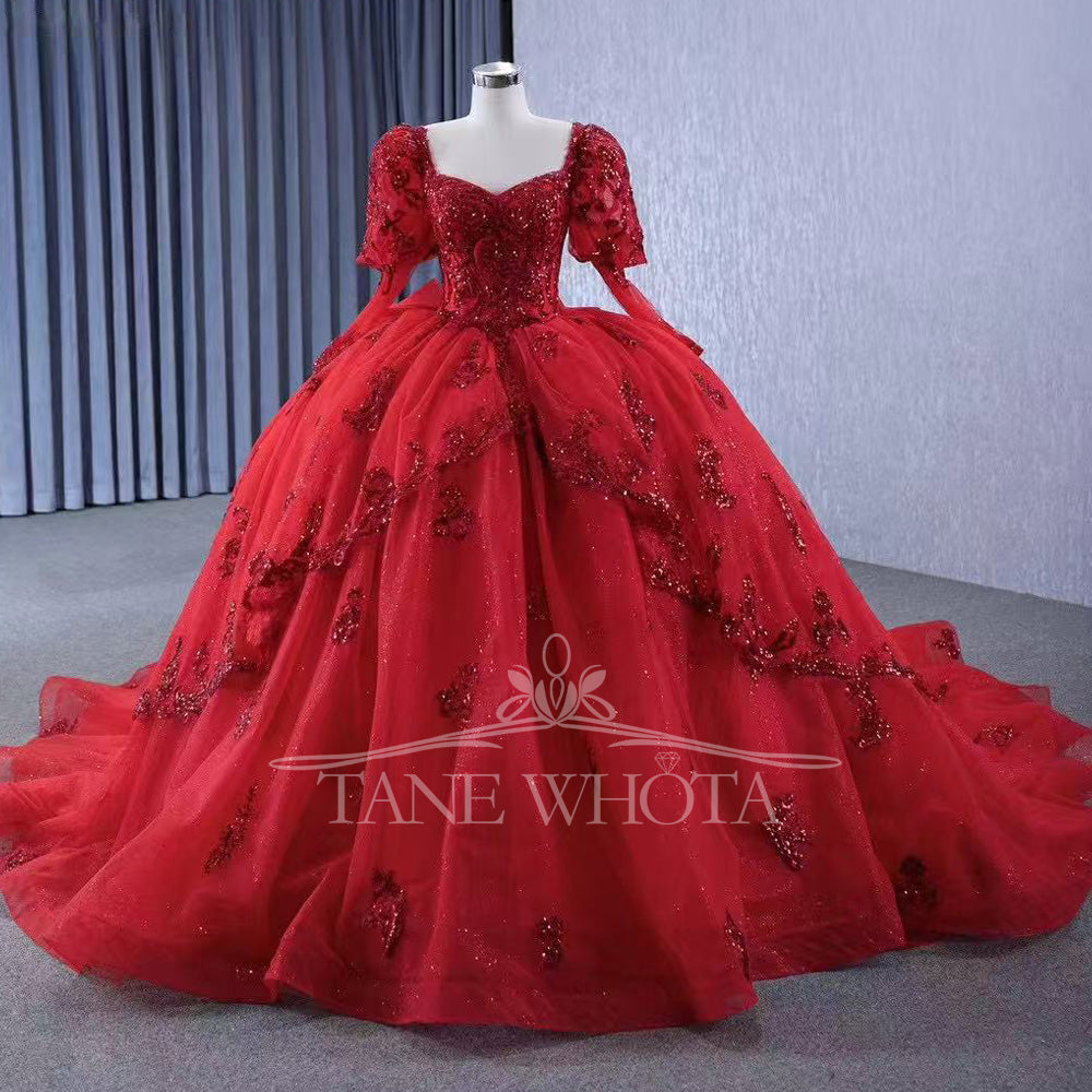 TW564 Red Sweetheart Quinceanera Dress With Long Sleeves Lace-Up Back Sequined Bow - Customizable Prom Dress