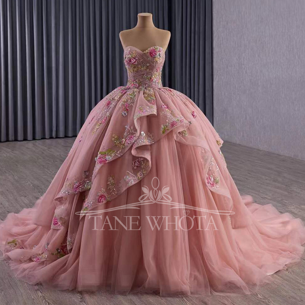TW527 Pink Quinceañera Evening Gown With Lace-Up Back Detachable Jacket Sequined Embroidery Appliques Customizable Vestido