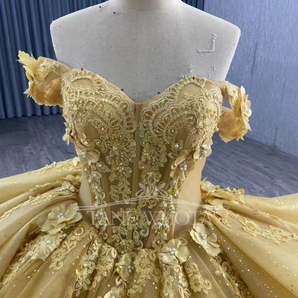 TW445 Gold Quinceanera Ball Gown Dress Sweetheart Off-Shoulder Lace-Up Back Embroidered Beaded Sequined Appliques for Girls