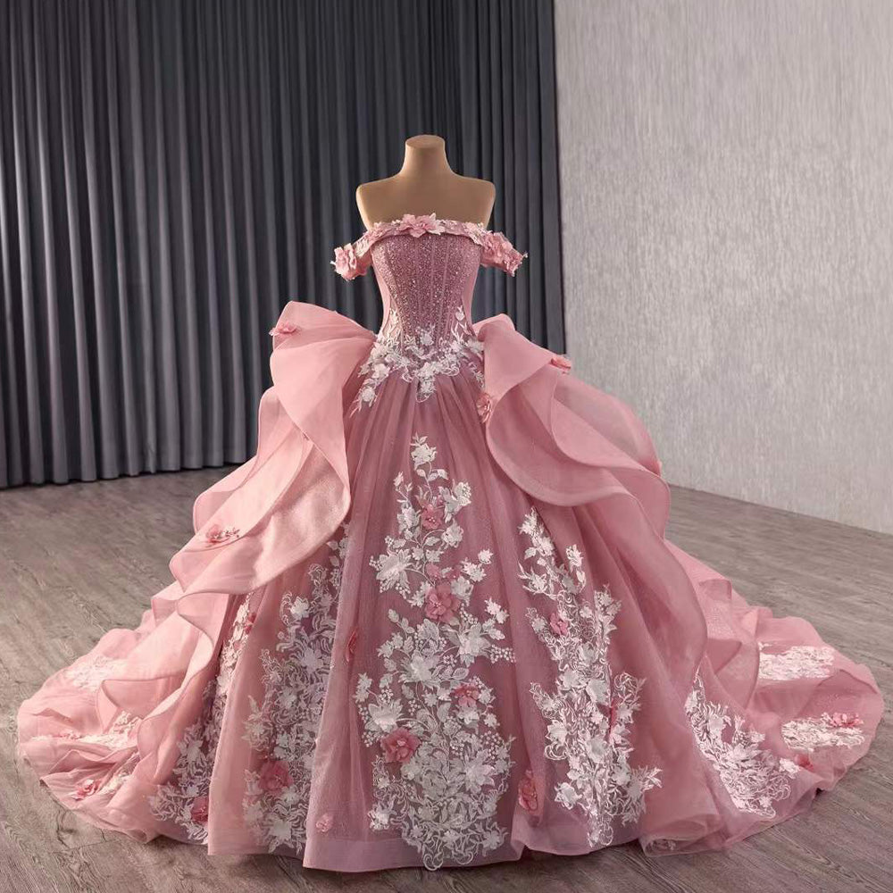 TW095 Quinceanera Dresses Luxury 2025 Off Shoulder Strapless Appliques Lace Up Back Pink Long Dress For Special Occasions