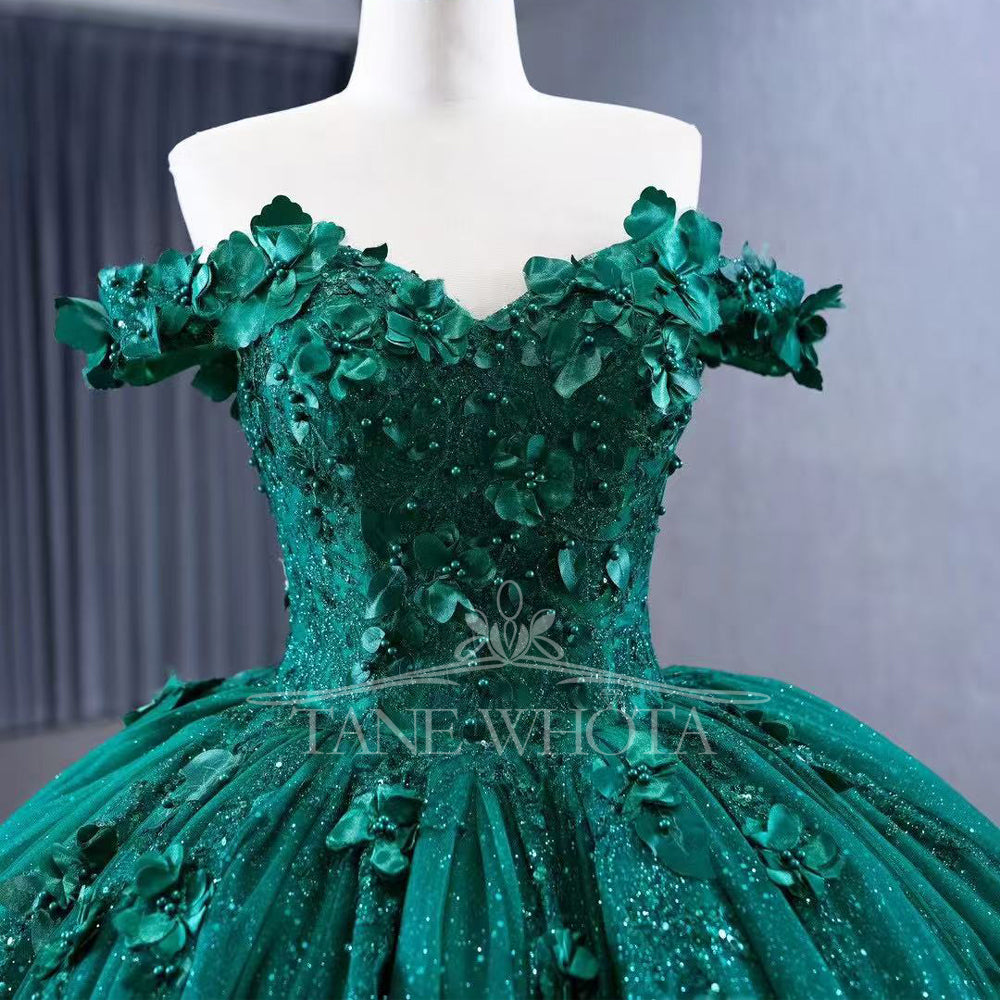 TW306 Vestidos 15 Años Ball Gown Sweetheart Off Shoulder Lace Up Back Beading Sequined Appliques Customized Green Long Dress