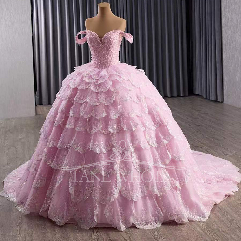 TW582 Vintage Off-Shoulder Quinceanera Dress 15 Years Old Pink Prom Gown With Lace-Up Back Beading Sequined Sweetheart Tiered Design