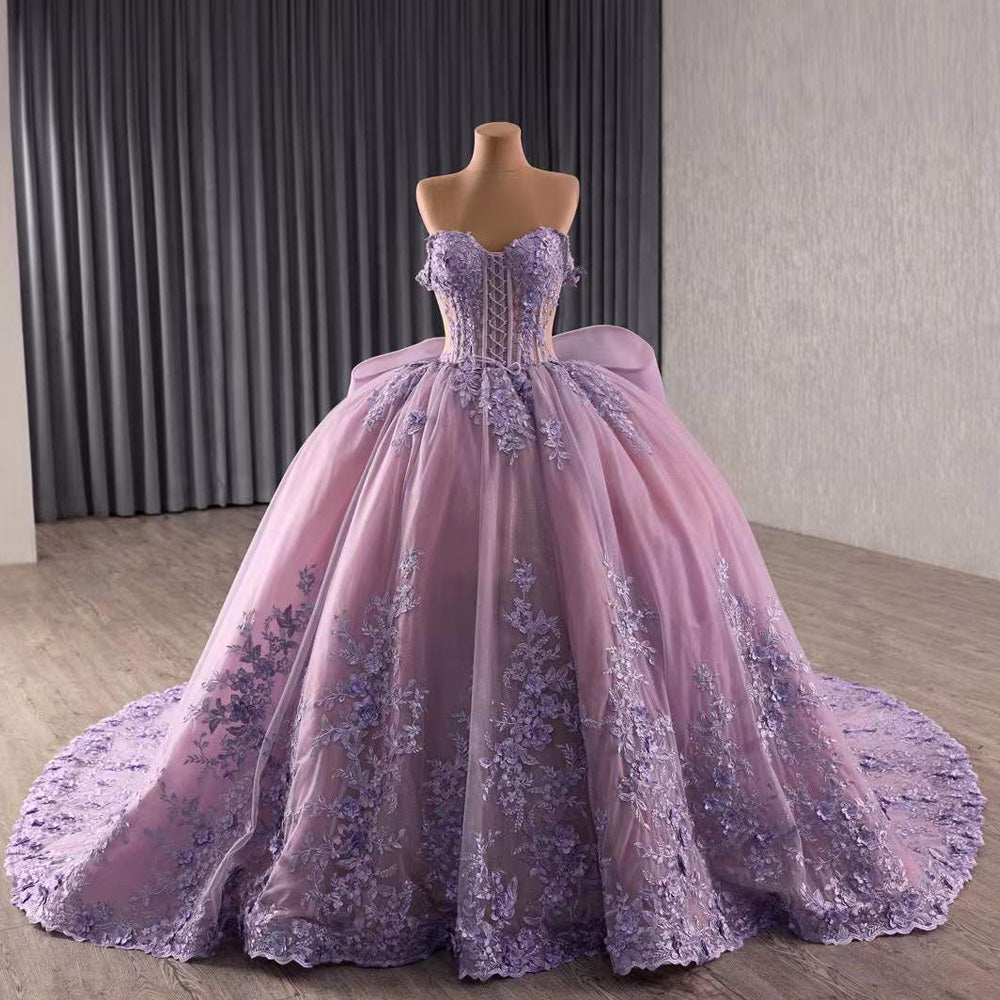 TW094 Vestidos De 15 Quinceañeras Sweetheart Appliques Lace Up Back Purple Long Evening Dress For Special Occasions