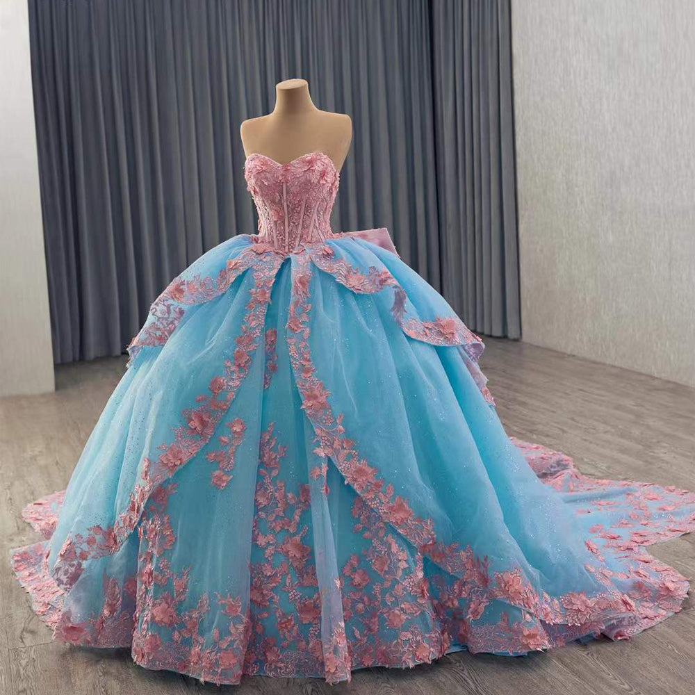 TW097 Vestidos De 15 Años Luxury 2025 Sweetheart Bow Appliques Lace Up Back Blue Pink Long Evening Prom Dress With Detachable Sleeves
