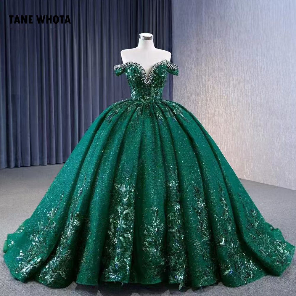 TW287 Vestidos Quinceañera Sweetheart Off Shoulder Lace Up Back Ball Gown Beading Crystal Sequined Customized Green Long Dress