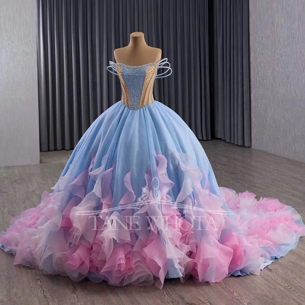 TW563 Blue Strapless Quinceanera Dress With Lace-Up Back Beading Sequined Crystal Ruffles For 15th Birthday Dresses