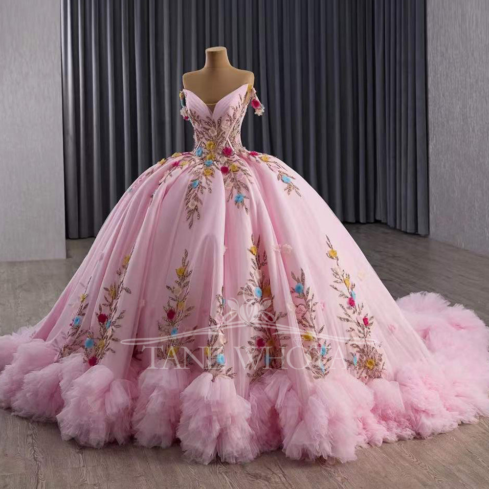 TW570 Girls Pink Quinceanera Dress Sweetheart Off-Shoulder Lace-Up Back Appliques Sequined Abito Quinceanera Princess Customizable