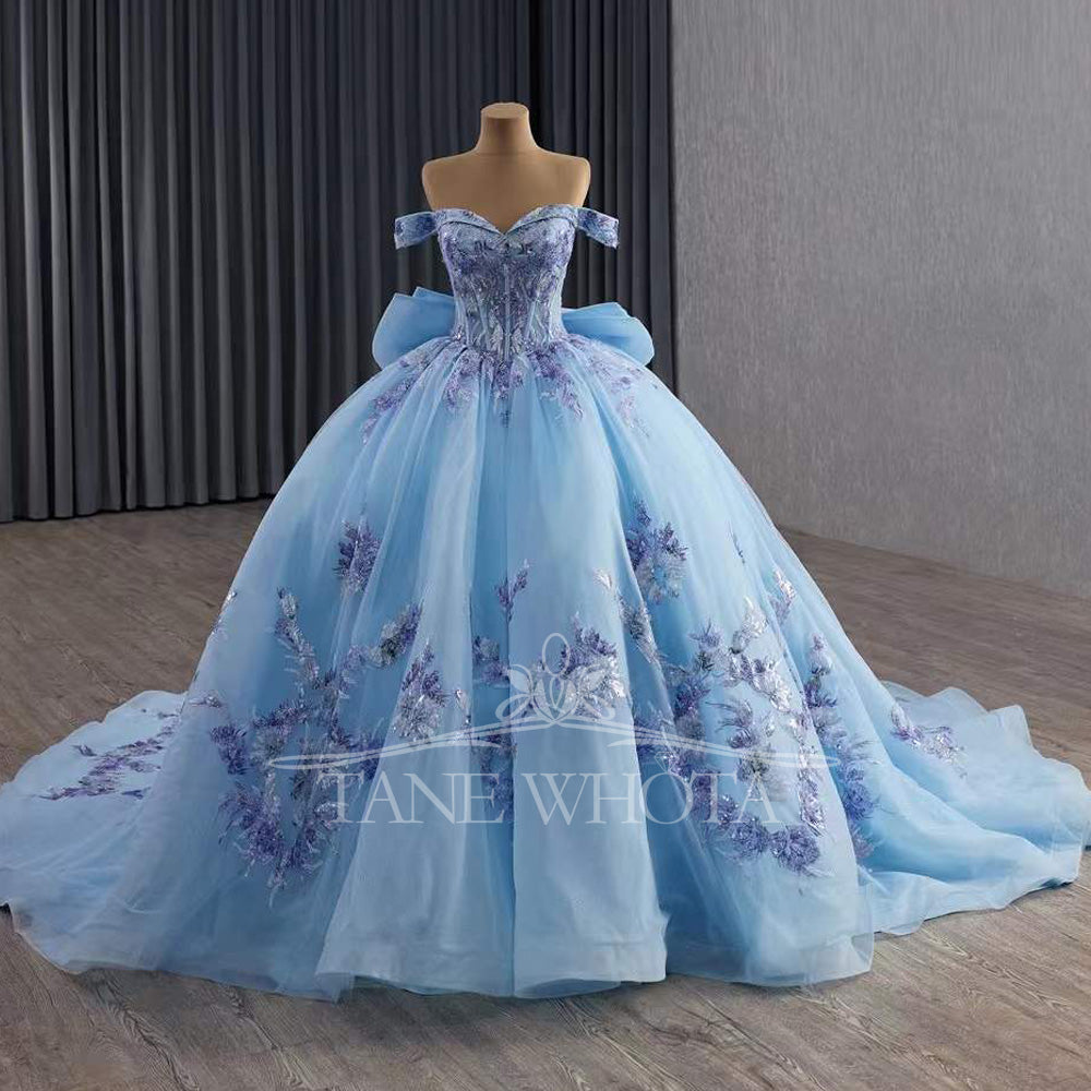 TW555 Sweetheart Detachable Sleeve Lace-Up Back Sequined Embroidery Bow Customizable Blue Princess Dress For 15th Birthday