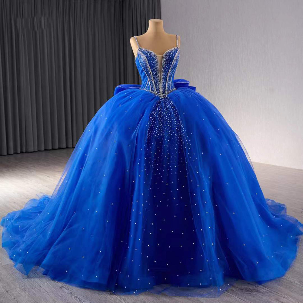 TW201 Vestido Quinceañera Spaghetti Straps Lace Up Back Sequined Beading Blue Bow Long Dress For Special Occasions Customized