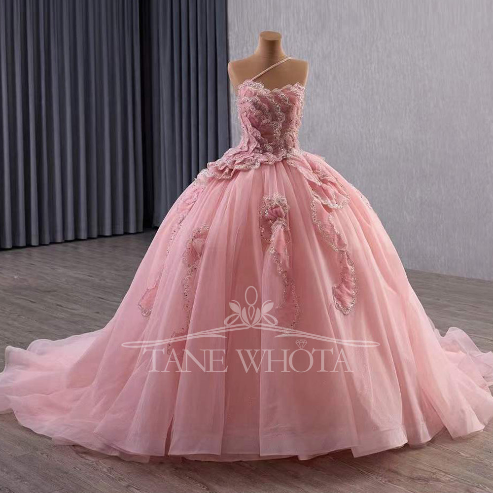 TW572 Vestidis Customizable Pink Prom Dress Quinceañera One-Shoulder Lace-Up Back Sequined Tiered Design For Women