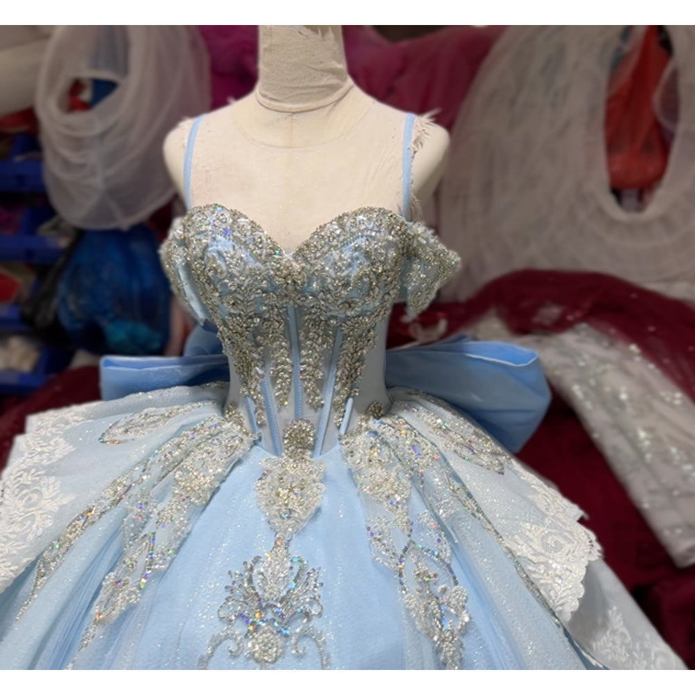 TW971 Luxury Sweetheart Off-The-Shoulder Quinceañera Dress With Lace-Up Back Bow Crystal Sequins Long Gown Customizable