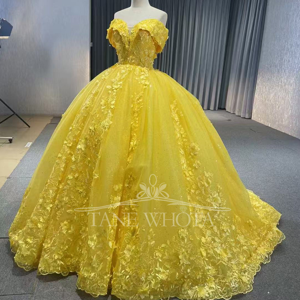 TW288 Vestido De Quinceañera 2025 Off Shoulder Sweetheart Lace Up Back Crystal Appliques Sequined Customized Yellow Long Dress
