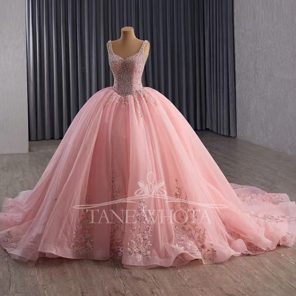 TW573 Customizable Pink Prom Dress Detachable Jacket Spaghetti Straps Lace-Up Back Beading Quinceanera Women's Special Occasion Gown