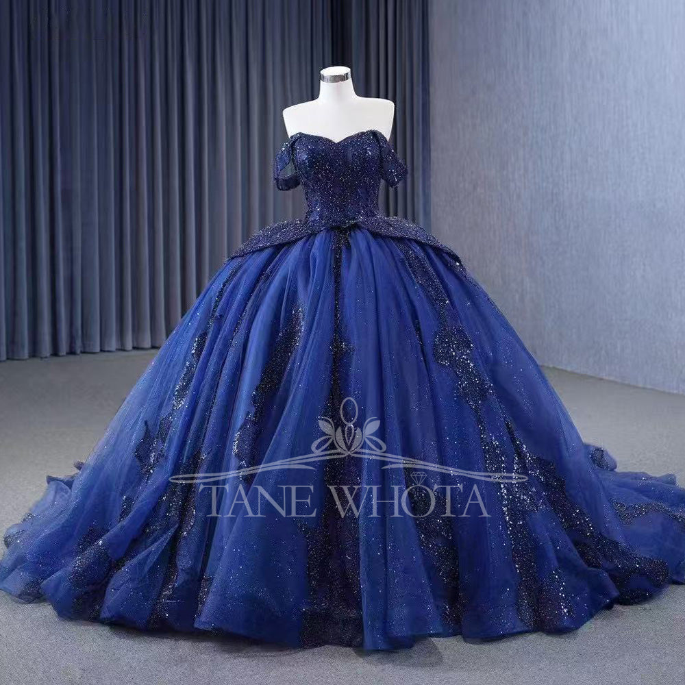 TW557 Customizable Blue Off-Shoulder Sweetheart Quinceañera Dress Lace-Up Back Beaded Sequined Embroidery 15th Birthday Prom Gown
