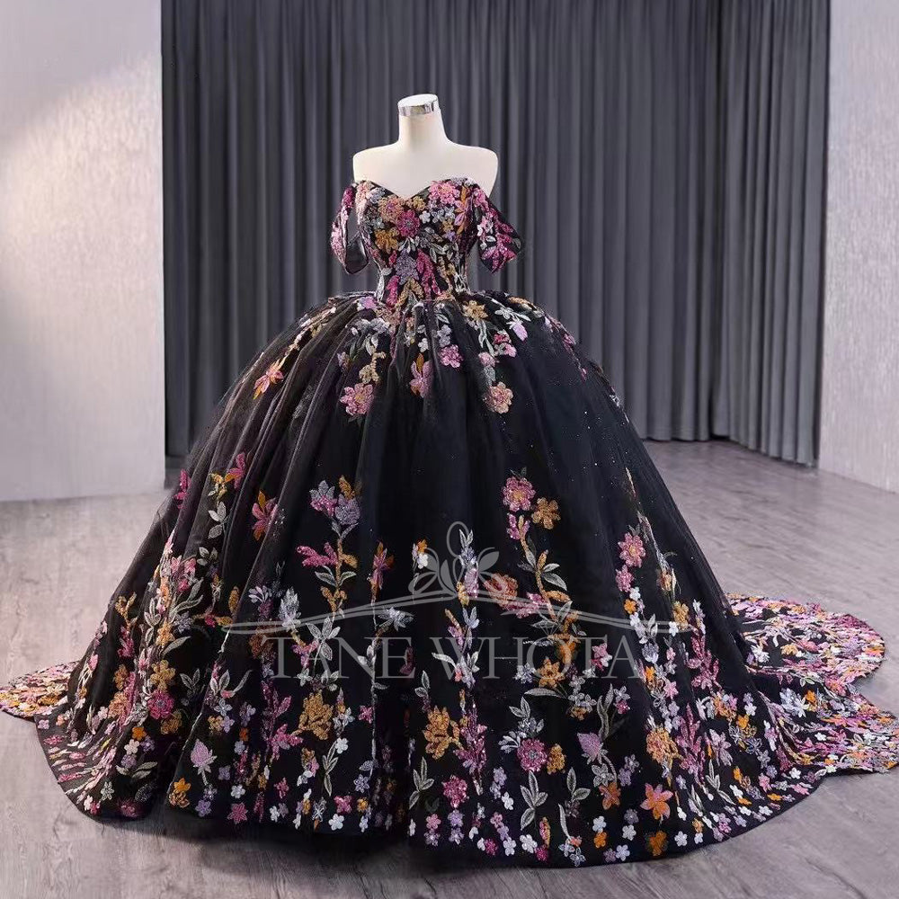 TW505 Black Lace Quinceanera Dress With Off-Shoulder Flowers Sweetheart Lace-Up Back Embroidery Ball Gown For Girls