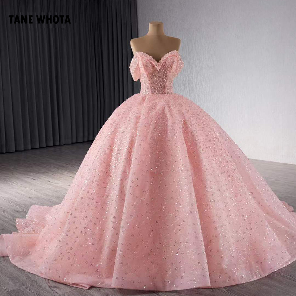 TW219 Vestido 15 Años Quinceañera Luxury Off Shoulder Sweetheart Sequined Beading Crystal Lace Up Back Customized Pink Long Dress
