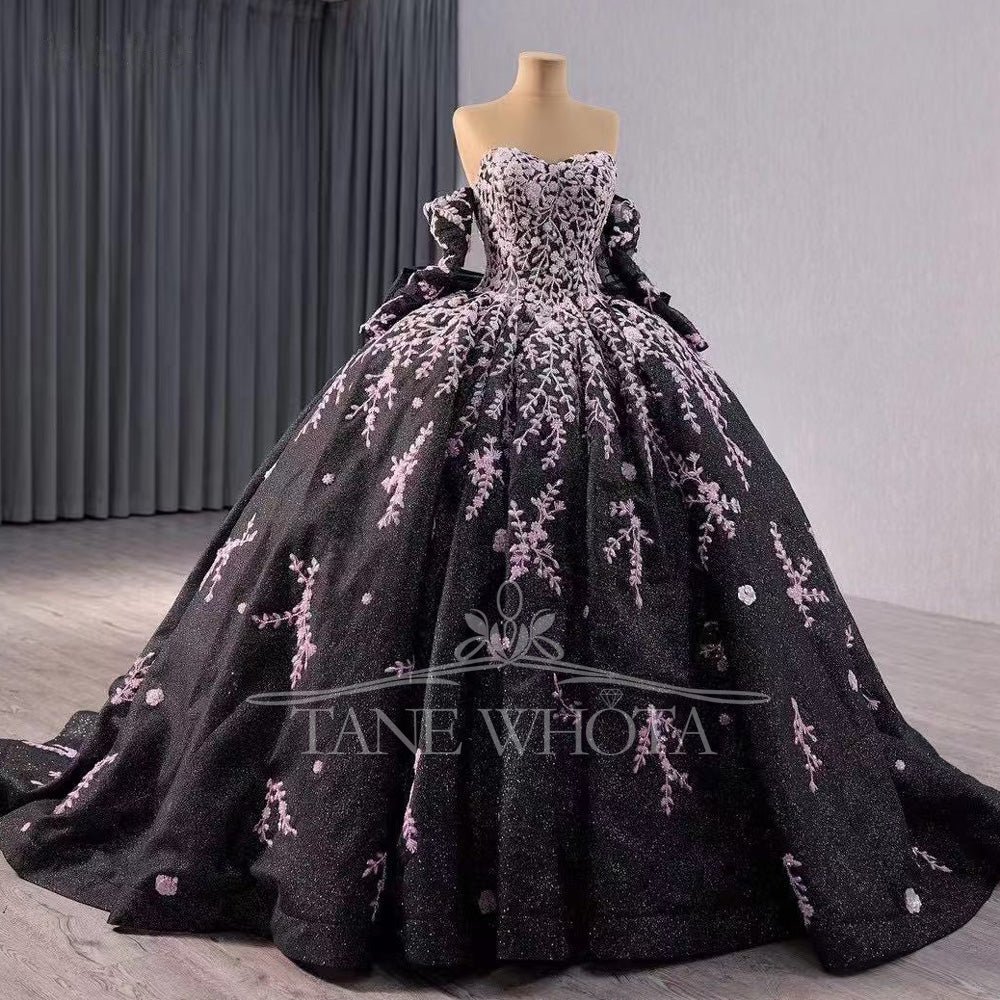 TW349 Vestidos Para Quinceañera Sweetheart Lace Up Back Beading Embroidery Bow Customized Black Luxury Long Dress