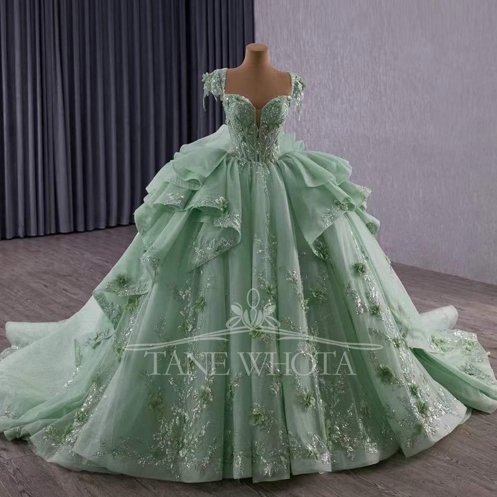TW370 Quinceanera Dress Sweetheart Cap Sleeve Lace Up Back Appliques Sequined Embroidery Long Green Princess Quinceanera Dress