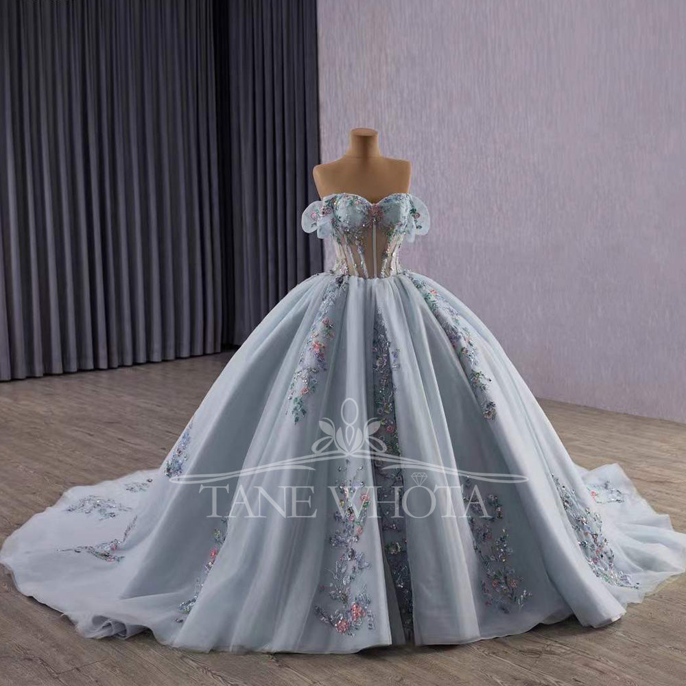 TW328 Abiti Quinceanera Sweetheart Off Shoulder Lace Up Back Appliques Sequined Embroidery Long Silver Grey Princess Quinceanera Dress