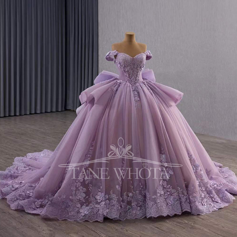 TW559 Purple Princess Dress For 15 Quinceanera Sweetheart Off-Shoulder Lace-Up Back Bow Beading Appliques Crystal Detail