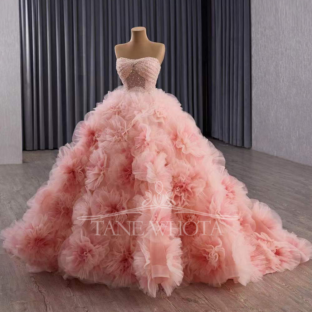 TW568 Customizable Strapless Pink Quinceañeras Prom Gown Lace-Up Back Sequined 3D Flower Crystal Vestidos De 15