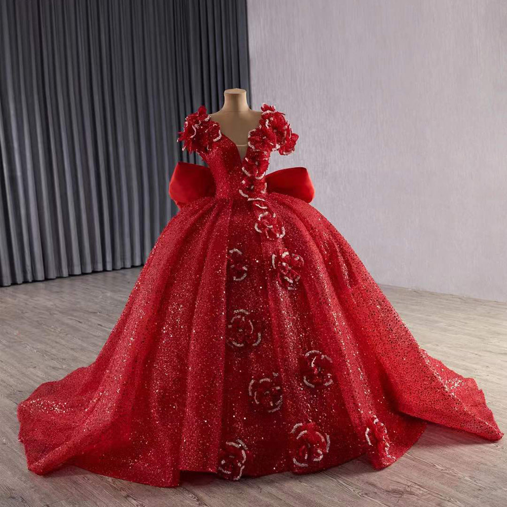 TW181 Vestidos De 15 Quinceañera 2025 Flower Lace Up Back Sequins Beading Red Bow Long Dress For Special Occasions