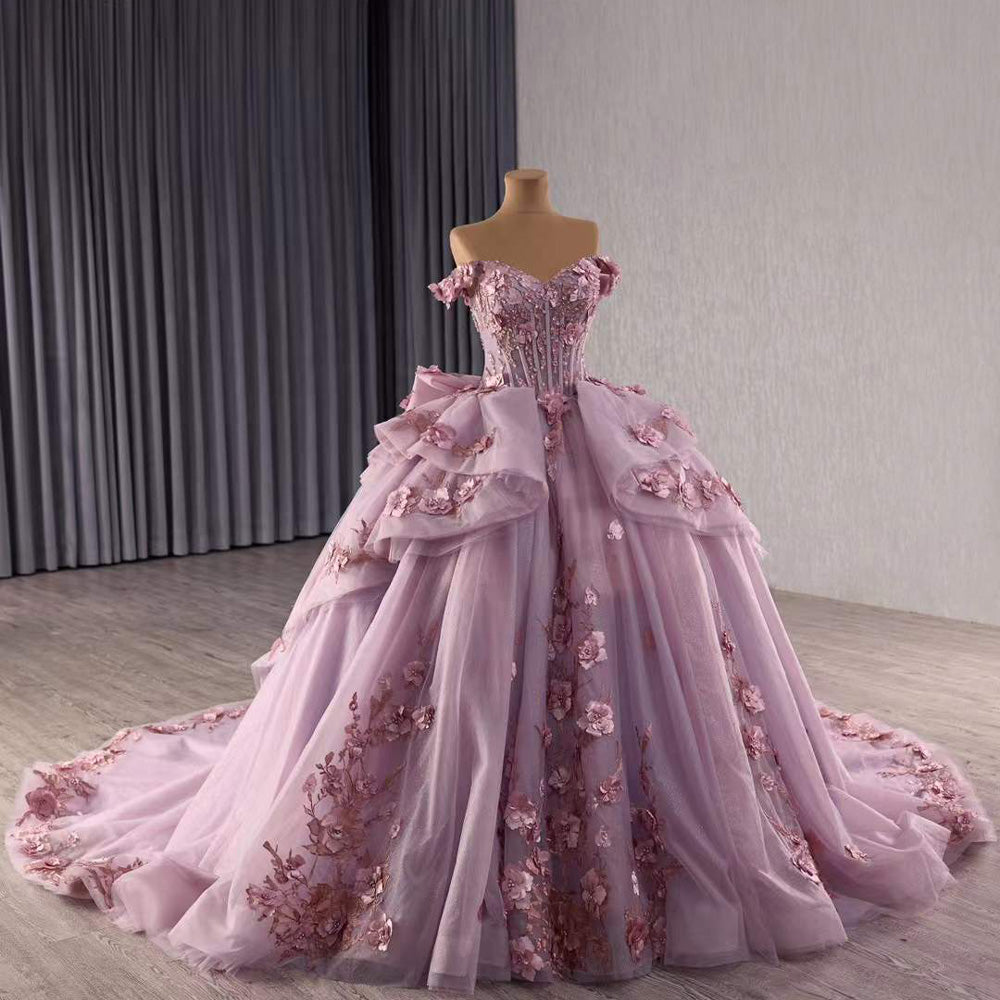 TW096 Vestidos De 15 Años Quinceañera Sweetheart Off Shoulder Bow Appliques Lace Up Back Purple Dress For Special Occasions