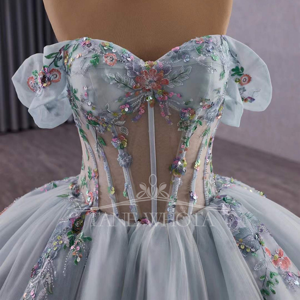 TW328 Abiti Quinceanera Sweetheart Off Shoulder Lace Up Back Appliques Sequined Embroidery Long Silver Grey Princess Quinceanera Dress