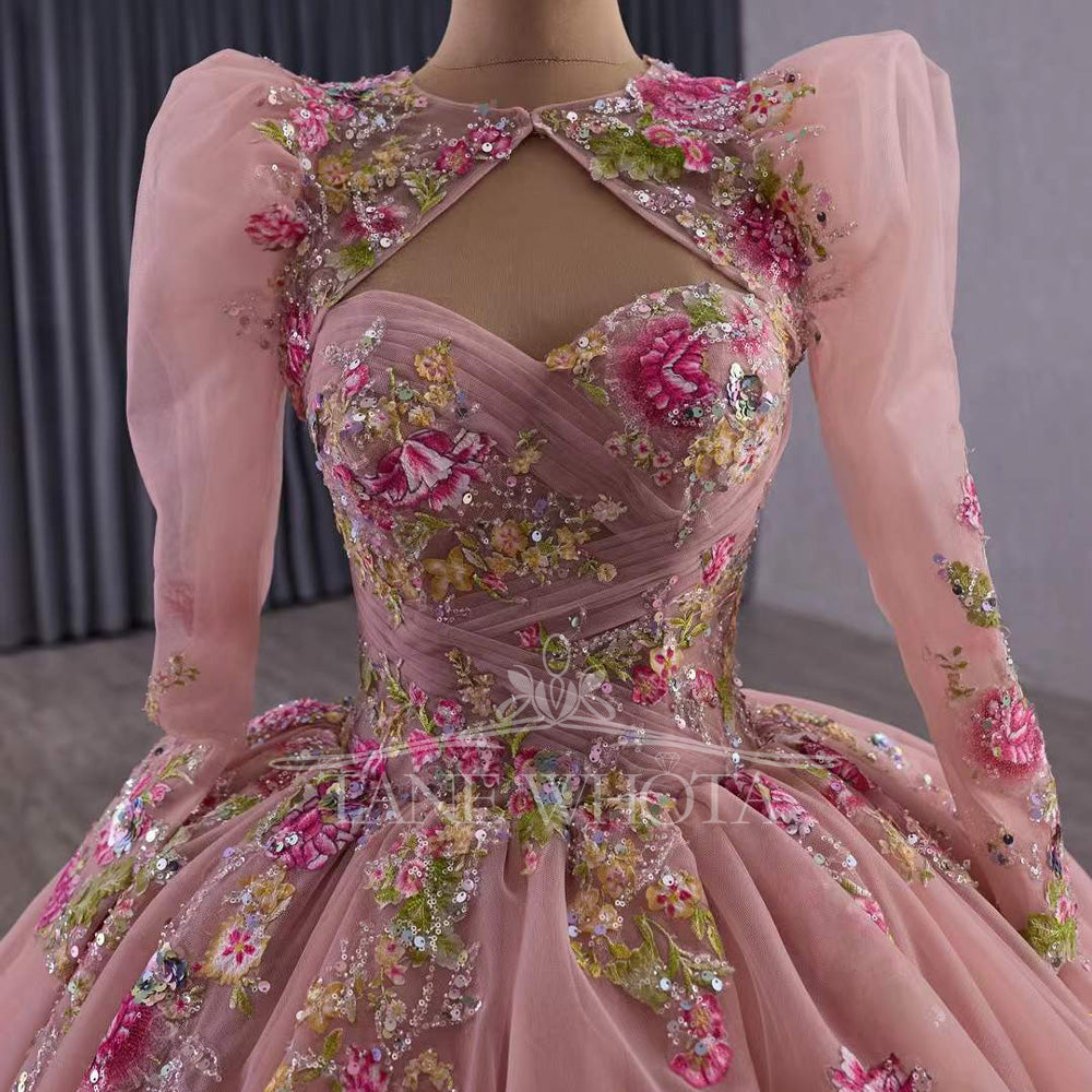 TW527 Pink Quinceañera Evening Gown With Lace-Up Back Detachable Jacket Sequined Embroidery Appliques Customizable Vestido