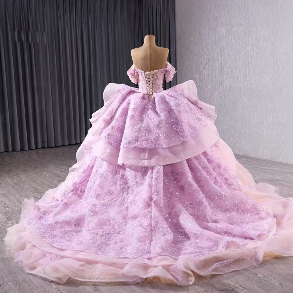 TW125 Vestido De 15 Luxury XV Off Shoulder Sweetheart Appliques Lace Up Back Beading Pink Purple Long Dress For Special Occasions