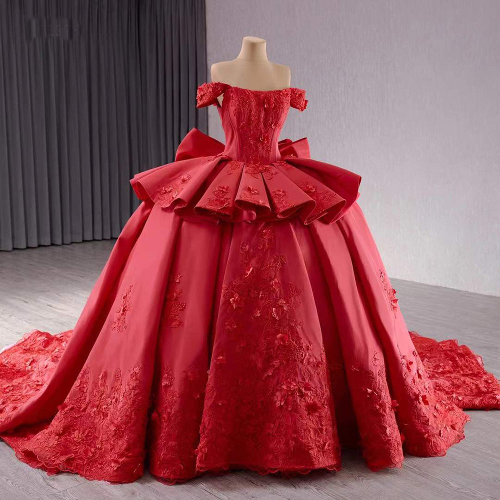 TW191 Vestidos Para Quinceañeras Luxury Off Shoulder Strapless Lace Up Back Red Flower Bow Long Dress For Special Occasions